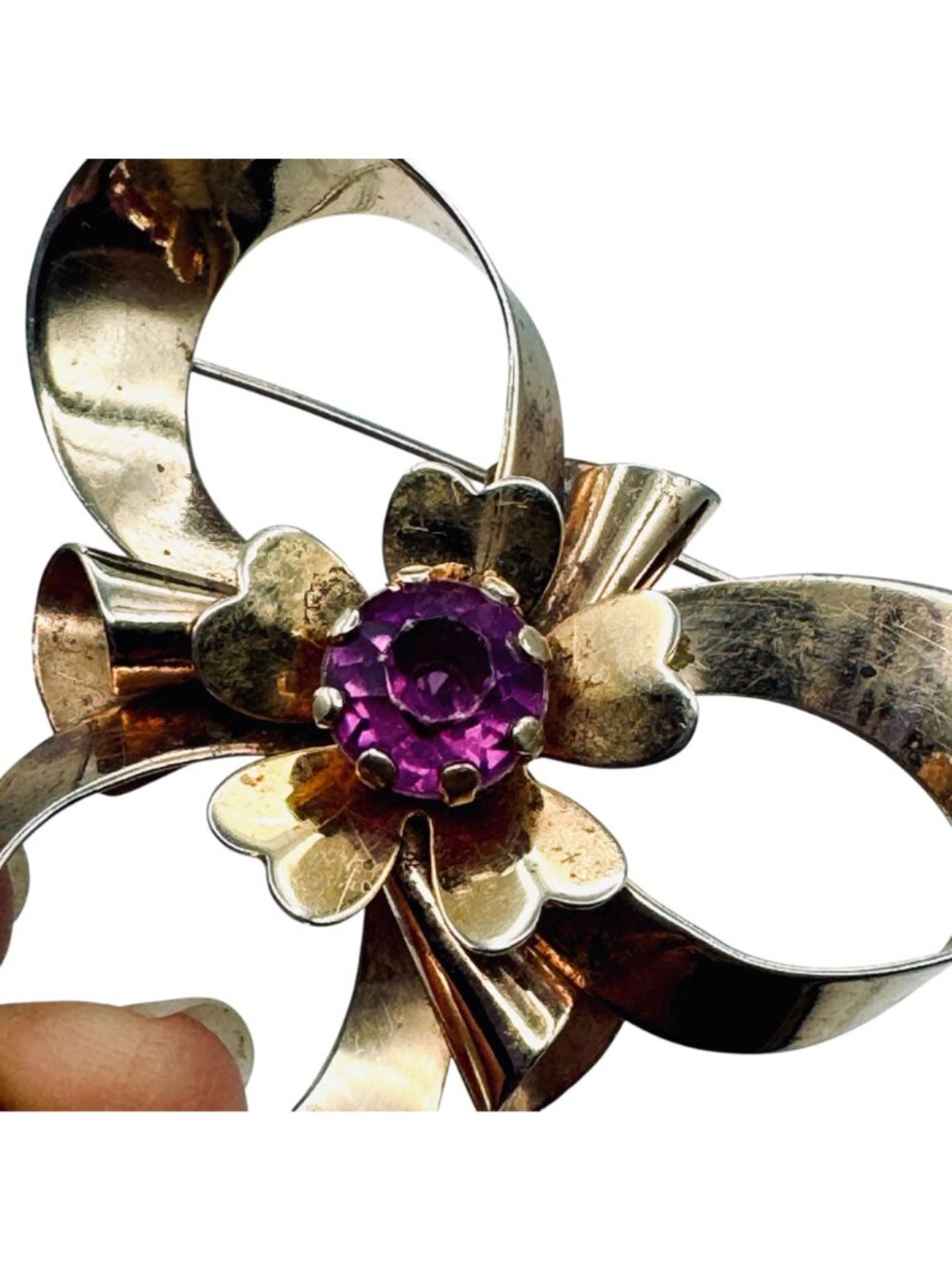 Vintage 1940s Ribbon Brooch Gold Tone Bow Pink Stone 2.5" - Picture 7 of 8